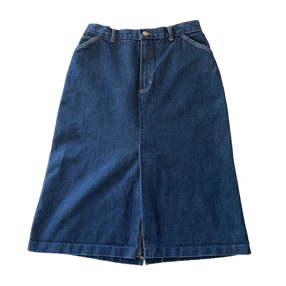 Vintage Denim Midi Skirt, Size 28, Dark Denim Pencil Skirt with Slit
